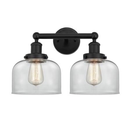 A large image of the Innovations Lighting 616-2W-10-16-L Bell Vanity Matte Black / Clear