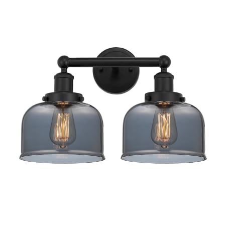 A large image of the Innovations Lighting 616-2W-10-16-L Bell Vanity Matte Black / Plated Smoke