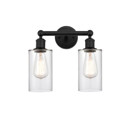 A large image of the Innovations Lighting 616-2W-11-13 Clymer Vanity Matte Black / Clear