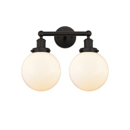 A large image of the Innovations Lighting 616-2W-10-16-L Beacon Vanity Oil Rubbed Bronze / Matte White