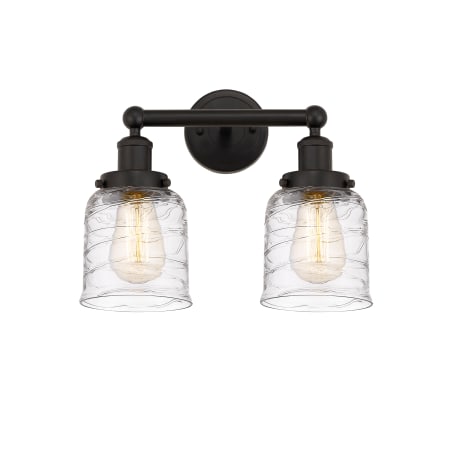 A large image of the Innovations Lighting 616-2W-10-16 Bell Vanity Oil Rubbed Bronze / Clear Deco Swirl