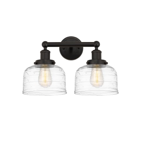 A large image of the Innovations Lighting 616-2W-10-16-L Bell Vanity Oil Rubbed Bronze / Clear Deco Swirl