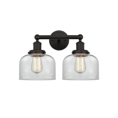 A large image of the Innovations Lighting 616-2W-10-16-L Bell Vanity Oil Rubbed Bronze / Clear