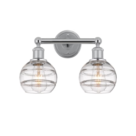 A large image of the Innovations Lighting 616-2W 10 15 Rochester Vanity Polished Chrome / Clear