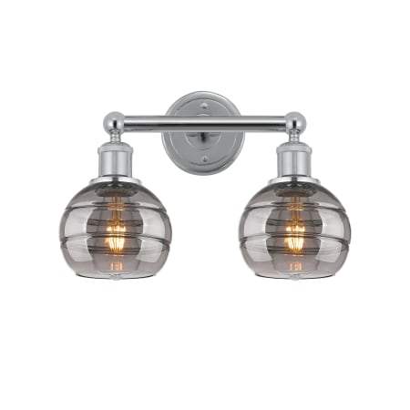 A large image of the Innovations Lighting 616-2W 10 15 Rochester Vanity Polished Chrome / Light Smoke