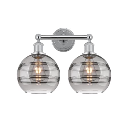 A large image of the Innovations Lighting 616-2W 12 17 Rochester Vanity Polished Chrome / Light Smoke