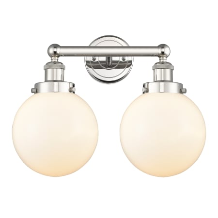 A large image of the Innovations Lighting 616-2W-10-16-L Beacon Vanity Polished Nickel / Matte White