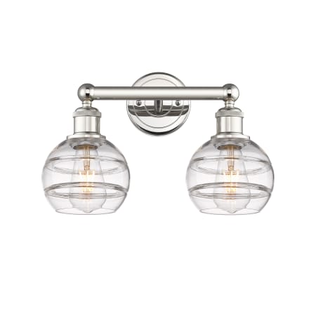 A large image of the Innovations Lighting 616-2W 10 15 Rochester Vanity Polished Nickel / Clear