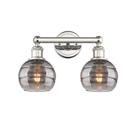 A large image of the Innovations Lighting 616-2W 10 15 Rochester Vanity Polished Nickel / Light Smoke