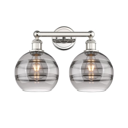 A large image of the Innovations Lighting 616-2W 12 17 Rochester Vanity Polished Nickel / Light Smoke