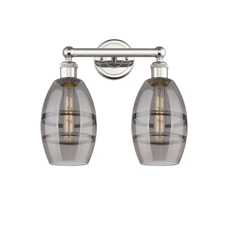 A large image of the Innovations Lighting 616-2W 10 15 Vaz Vanity Polished Nickel / Light Smoke