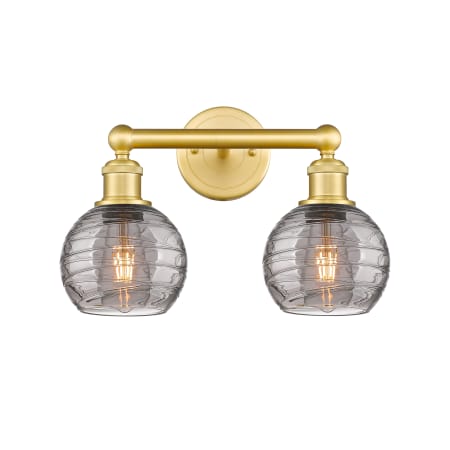 A large image of the Innovations Lighting 616-2W 10 15 Athens Deco Swirl Vanity Satin Gold / Light Smoke Deco Swirl