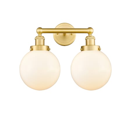 A large image of the Innovations Lighting 616-2W-10-16-L Beacon Vanity Satin Gold / Matte White