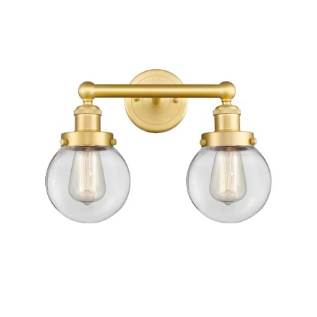 A large image of the Innovations Lighting 616-2W-10-16 Beacon Vanity Satin Gold / Clear