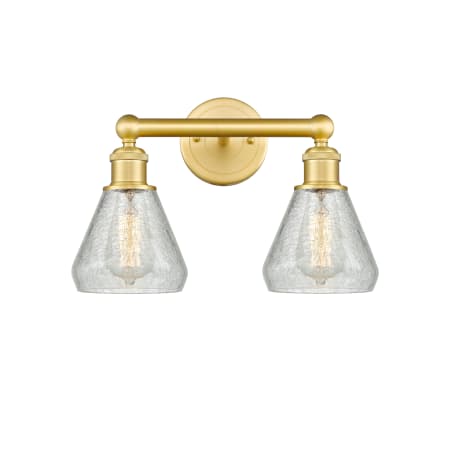 A large image of the Innovations Lighting 616-2W-13-15 Conesus Vanity Satin Gold / Clear Crackle