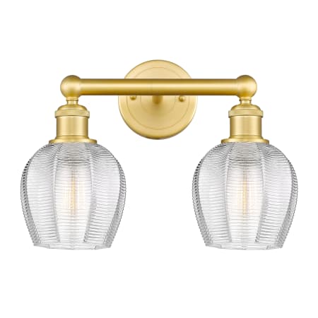 A large image of the Innovations Lighting 616-2W-11-15 Norfolk Vanity Satin Gold / Clear