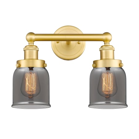 A large image of the Innovations Lighting 616-2W-10-16 Bell Vanity Satin Gold / Plated Smoke