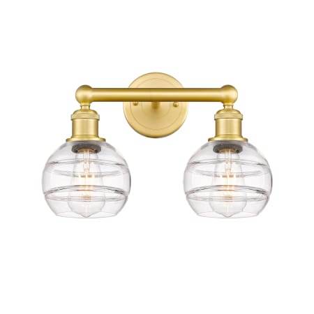 A large image of the Innovations Lighting 616-2W 10 15 Rochester Vanity Satin Gold / Clear