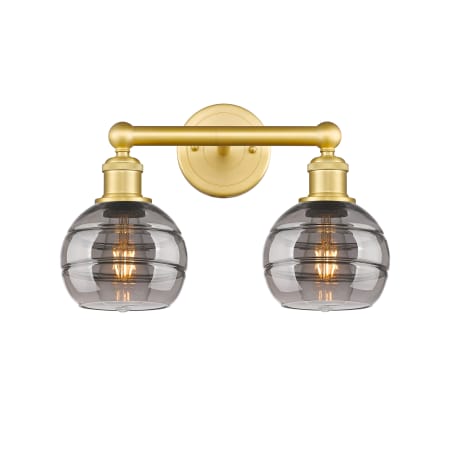 A large image of the Innovations Lighting 616-2W 10 15 Rochester Vanity Satin Gold / Light Smoke