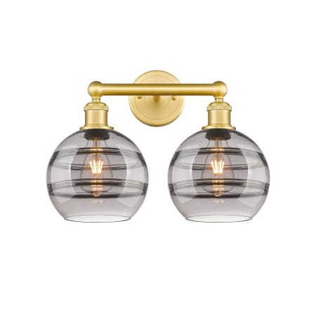 A large image of the Innovations Lighting 616-2W 12 17 Rochester Vanity Satin Gold / Light Smoke