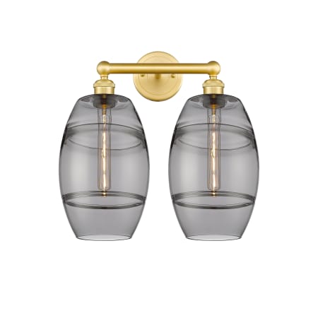 A large image of the Innovations Lighting 616-2W 12 17 Vaz Vanity Satin Gold / Light Smoke