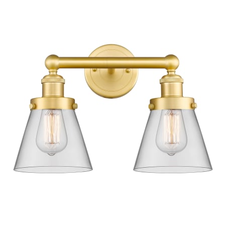 A large image of the Innovations Lighting 616-2W-10-16 Cone Vanity Satin Gold / Clear