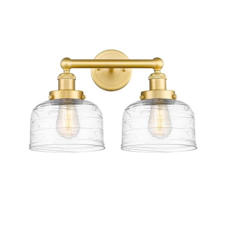 A large image of the Innovations Lighting 616-2W-10-16-L Bell Vanity Satin Gold / Clear Deco Swirl