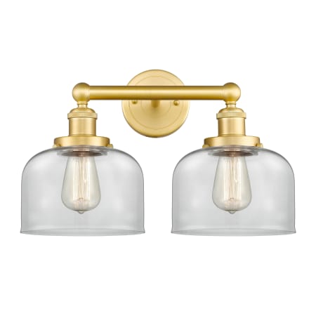 A large image of the Innovations Lighting 616-2W-10-16-L Bell Vanity Satin Gold / Clear