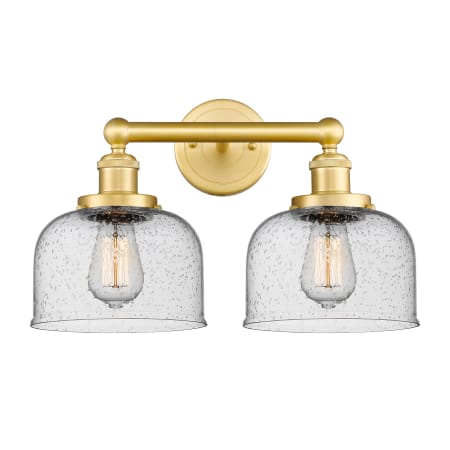 A large image of the Innovations Lighting 616-2W-10-16-L Bell Vanity Satin Gold / Seedy