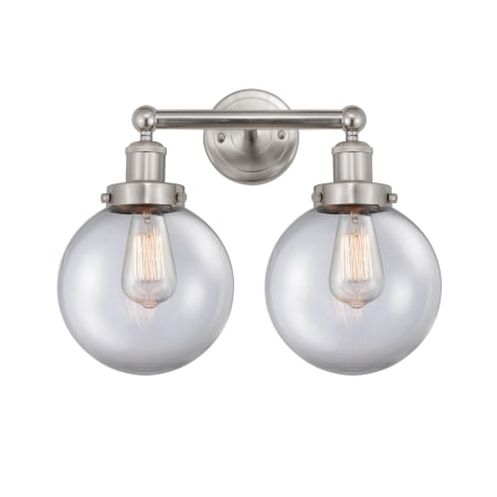 A large image of the Innovations Lighting 616-2W-10-16-L Beacon Vanity Brushed Satin Nickel / Clear