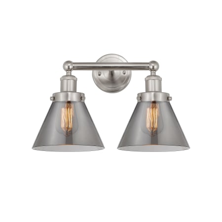 A large image of the Innovations Lighting 616-2W-10-16-L Cone Vanity Brushed Satin Nickel / Plated Smoke