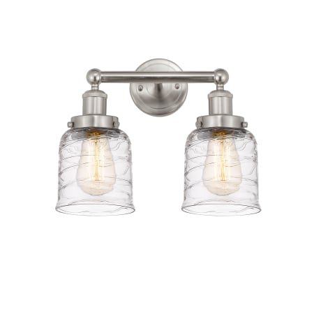 A large image of the Innovations Lighting 616-2W-10-16 Bell Vanity Brushed Satin Nickel / Clear Deco Swirl