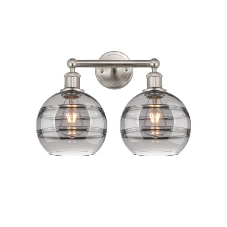 A large image of the Innovations Lighting 616-2W 12 17 Rochester Vanity Satin Nickel / Light Smoke