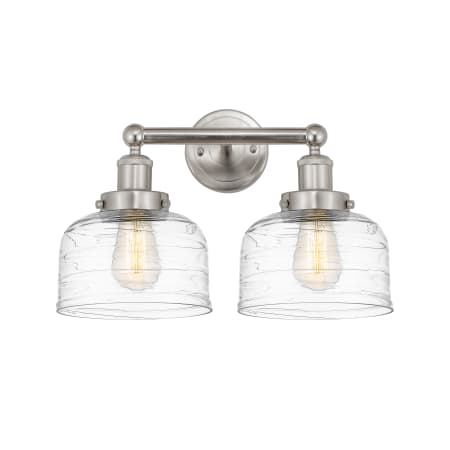 A large image of the Innovations Lighting 616-2W-10-16-L Bell Vanity Brushed Satin Nickel / Clear Deco Swirl