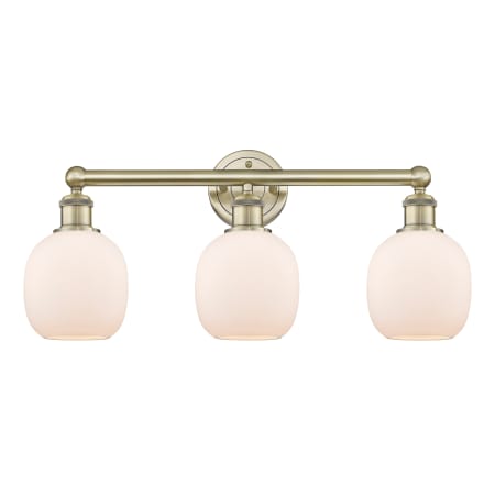 A large image of the Innovations Lighting 616-3W-12-24 Belfast Vanity Antique Brass / Matte White