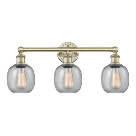 A large image of the Innovations Lighting 616-3W-12-24 Belfast Vanity Antique Brass / Seedy