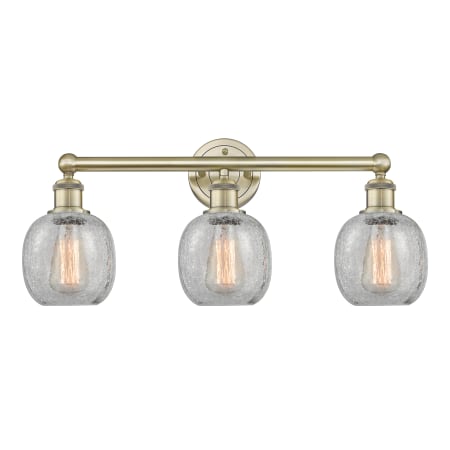 A large image of the Innovations Lighting 616-3W-12-24 Belfast Vanity Antique Brass / Clear Crackle