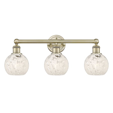 A large image of the Innovations Lighting 616-3W 10 24 White Mouchette Vanity Antique Brass