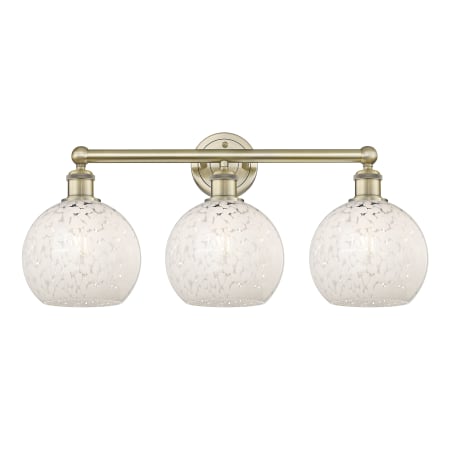 A large image of the Innovations Lighting 616-3W 12 26 White Mouchette Vanity Antique Brass