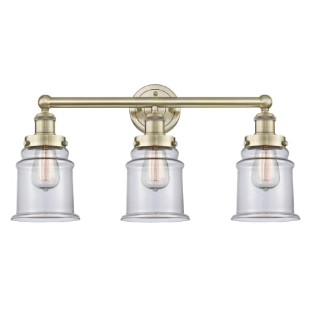 A large image of the Innovations Lighting 616-3W-13-24 Canton Vanity Antique Brass / Clear