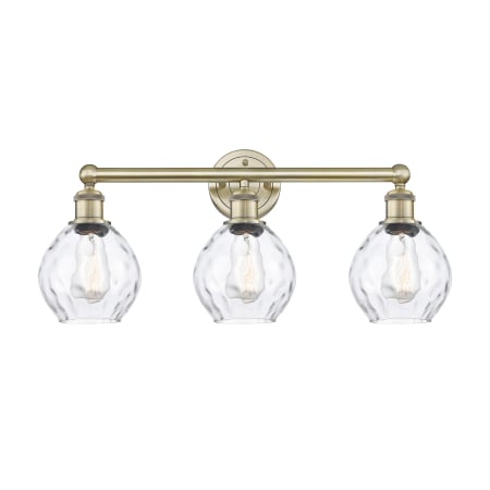 A large image of the Innovations Lighting 616-3W-11-24 Waverly Vanity Antique Brass / Clear