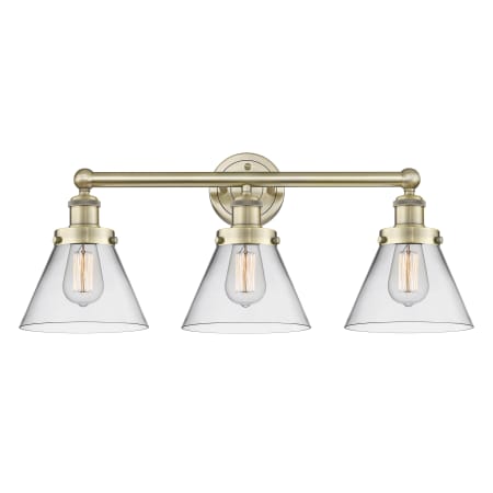 A large image of the Innovations Lighting 616-3W-12-26 Cone Vanity Antique Brass / Clear