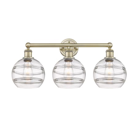 A large image of the Innovations Lighting 616-3W 12 26 Rochester Vanity Antique Brass / Clear