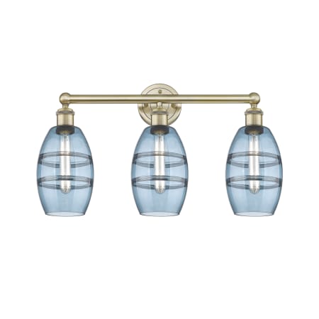 A large image of the Innovations Lighting 616-3W 10 24 Vaz Vanity Antique Brass / Princess Blue