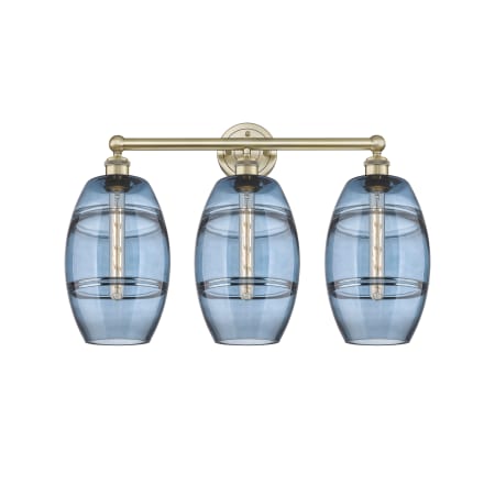 A large image of the Innovations Lighting 616-3W 12 26 Vaz Vanity Antique Brass / Princess Blue