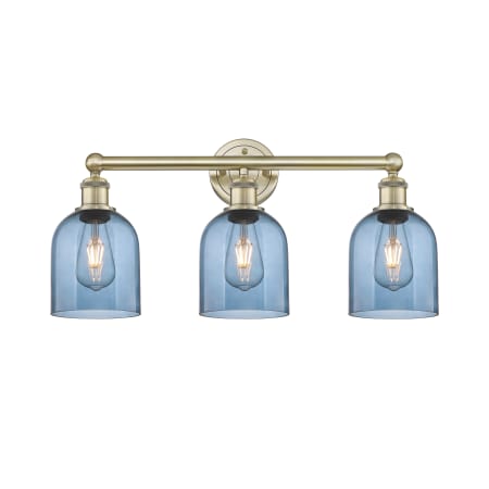 A large image of the Innovations Lighting 616-3W 12 24 Bella Vanity Antique Brass / Princess Blue