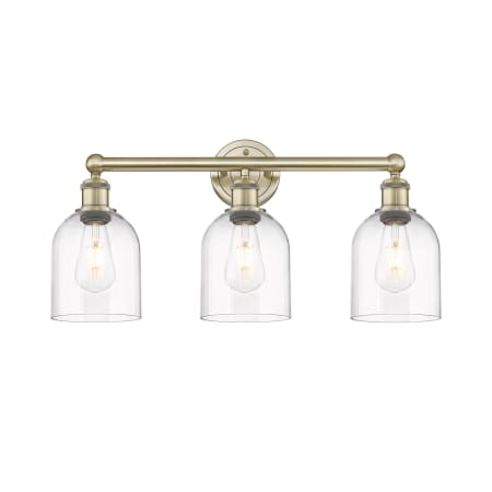 A large image of the Innovations Lighting 616-3W 12 24 Bella Vanity Antique Brass / Clear