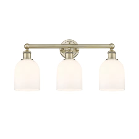 A large image of the Innovations Lighting 616-3W 12 24 Bella Vanity Antique Brass / Glossy White