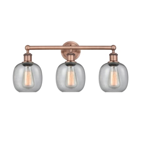 A large image of the Innovations Lighting 616-3W-12-24 Belfast Vanity Antique Copper / Seedy