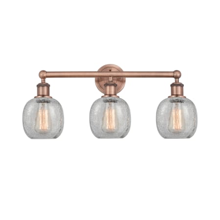 A large image of the Innovations Lighting 616-3W-12-24 Belfast Vanity Antique Copper / Clear Crackle